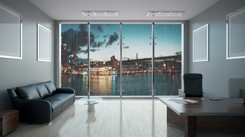 Empty office. Rainy evening.3D rendering Stock Footage 68093518