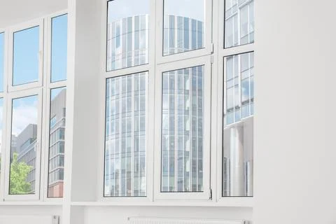 Empty office room with clean windows. Interior design Stock Photos