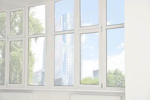 Empty office room with clean windows. Interior design Stock Photos