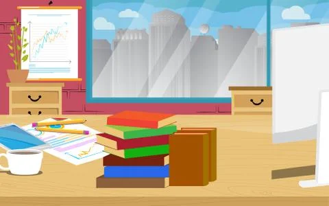 Empty office room with desk and a lot of business stuff. Vector cartoon illus 스톡 일러스트