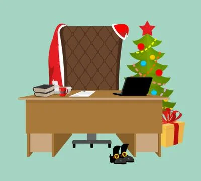 Empty Office Santa. Claus workstation. After work. Table and fir-tree. Lapt.. イラスト素材