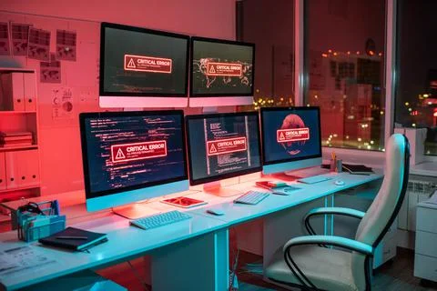 Empty office with several computer screens announcing critical error Stockfoto's