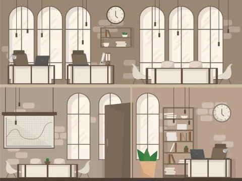 Empty Office Space Interior Modern Workplace Space Flat Vector Illustration Stock Illustration