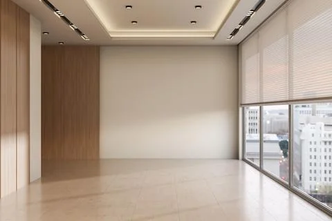 Empty Office Space with Panoramic City View Windows and Blank Feature Wall Stock Illustration