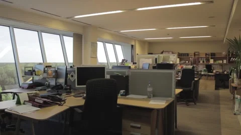 Empty office space with a view over the forest Stock Footage 247901225