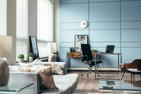 Empty office space, workplace with laptop, interior, no people 写真素材