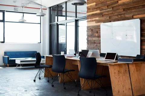 Empty office, table and tech for coworking startup, insurance company or we.. Stock Photos