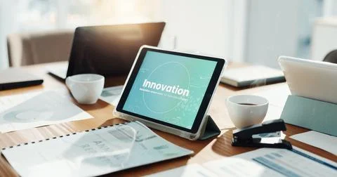 Empty office, tablet and screen for innovation, tech and documents for 스톡 사진