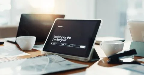 Empty office, tablet and screen for job search website with user experience, web Stock Photos