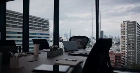 Empty office, tech and table in meeting room in business for seminar, conference Stock Footage 292959106