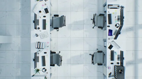 Empty Office Top Down View with Two Rows of Desktop Computers With No People Stock Footage 219556445