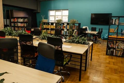 Empty office on top floor of building with modern interior Fotos de archivo