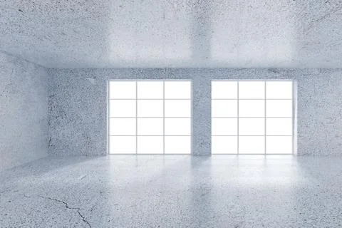 Empty office, white wall in front of panoramic window. Concept of new office. 3D Illustrazione stock