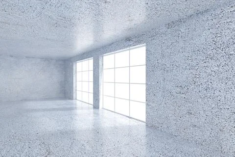Empty office, white wall in front of panoramic window. Concept of new office. 3D Illustrazione stock