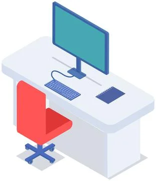 Empty office workplace interior design, furniture, laptop on table, chairs Stock Illustration