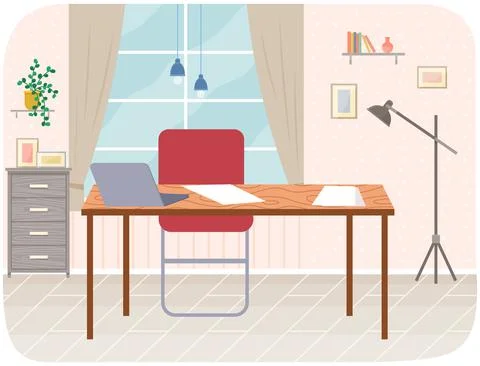 Empty office workplace interior design, furniture, laptop on table, chairs Stock Illustration