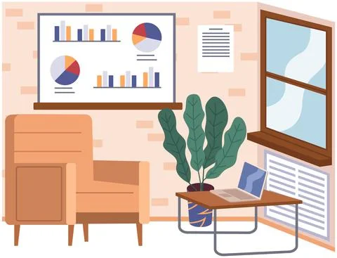 Empty office workplace interior design, furniture, laptop on table, chairs Stock Illustration