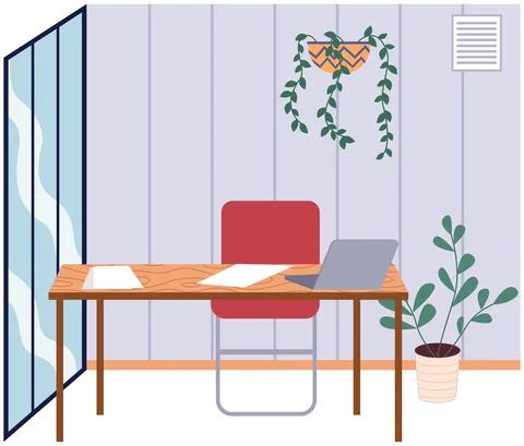 Empty office workplace interior design, furniture, laptop on table, chairs Stock Illustration