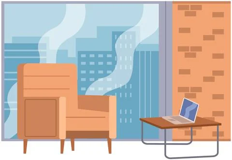 Empty office workplace interior design, furniture, laptop on table, chairs Stock Illustration