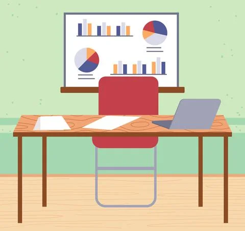 Empty office workplace interior design, furniture, laptop on table, chairs Stock Illustration