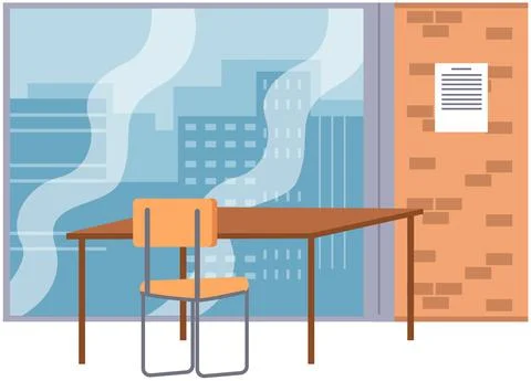 Empty office workplace interior design, furniture, laptop on table, chairs Illustrazione stock
