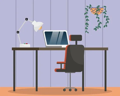 Empty office workplace interior design, furniture, laptop on table, chairs Stock Illustration