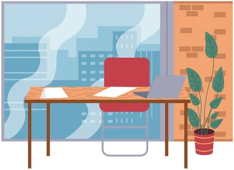 Empty office workplace interior design, furniture, laptop on table, chairs Stock Illustration