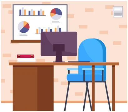 Empty office workplace interior design, furniture, laptop on table, chairs Stock Illustration
