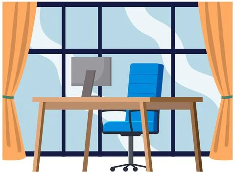 Empty office workplace interior design, furniture, laptop on table, chairs Stockillustratie