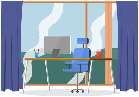 Empty office workplace interior design, furniture, laptop on table, chairs Illustrazione stock