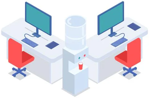 Empty office workplace interior design, furniture, laptop on table, chairs Stock Illustration
