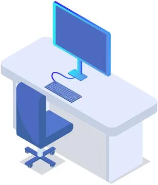 Empty office workplace interior design, furniture, laptop on table, chairs Illustrazione stock