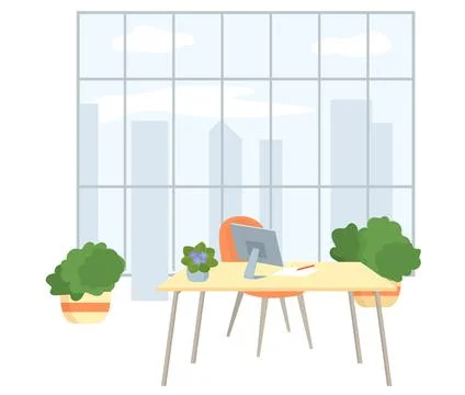 Empty office workplace interior design, furniture, computer on table, chairs Stock Illustration