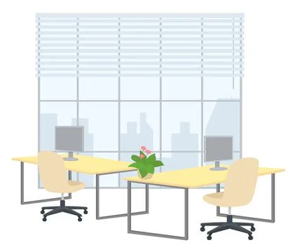 Empty office workplace interior design, furniture, computer on table, chairs Stock Illustration