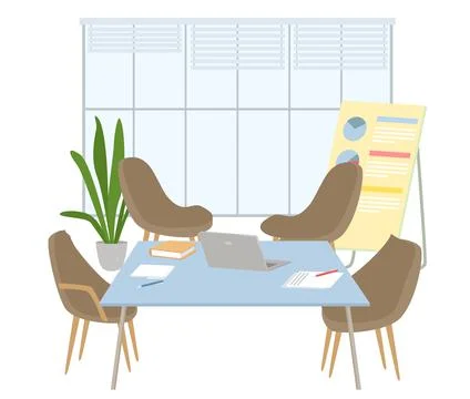 Empty office workplace interior design, furniture, computer on table, chairs Stock Illustration