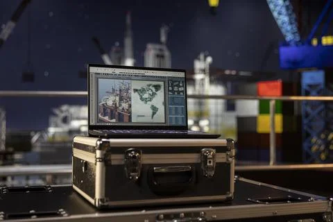 Empty offshore platform with a laptop running maintenance software Stock Photos