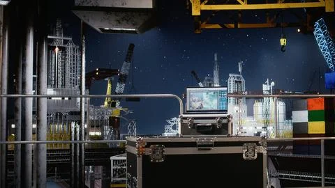 Empty offshore platform with a laptop running maintenance software Stock Photos