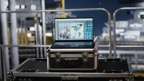 Empty offshore platform with a laptop running maintenance software Stock Photos