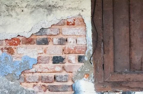 Empty Old Brick Wall Texture with window. Painted Distressed Wall Surface. Gr Stock Photos