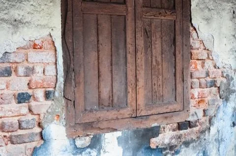 Empty Old Brick Wall Texture with window. Painted Distressed Wall Surface. Gr 스톡 사진