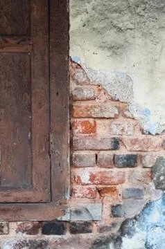 Empty Old Brick Wall Texture with window. Painted Distressed Wall Surface. Gr Stock Photos