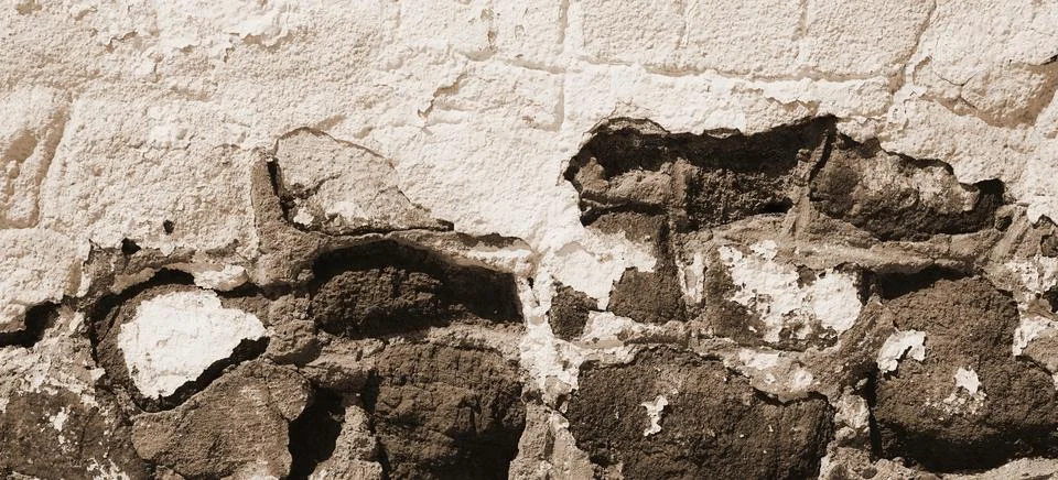 Empty Old Brick Wall Texture Close Up. Painted Distressed Wall Surface. Sepia Foto stock