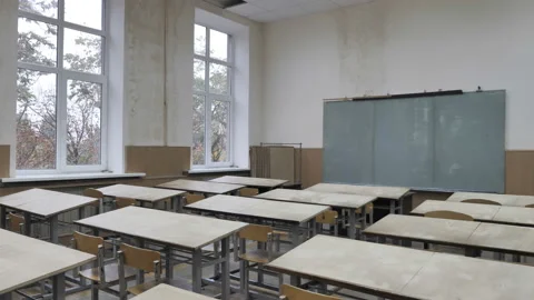 Empty Old Classroom With Chairs And Blackboard Is In Need Of Repair Stock Footage 142531471