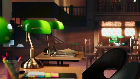 Empty old fashioned library filled with vintage decorations and wooden desks Stock Photos