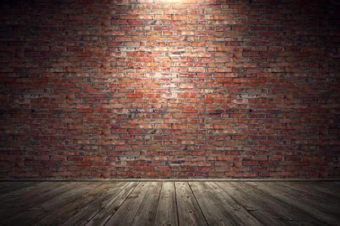 Empty old grungy room with red brick wall and wooden floor Illustrazione stock