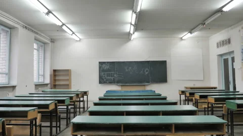 Empty Old Light Classroom With Wooden Furniture Stock Footage 145479767