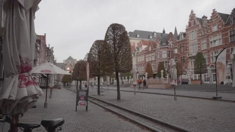 Empty Old Market Square (Oude Markt) in Leuven due to corona lockdown. Stock Footage 143203178