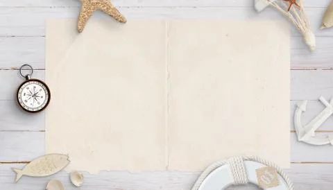 Empty old paper map surrounded by compass, shells, anchor, seastar. Concept o Stock Photos