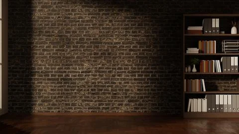 Empty old rustic bricks wall and bookshelf on wooden parquet floor with sun.. 库存插图