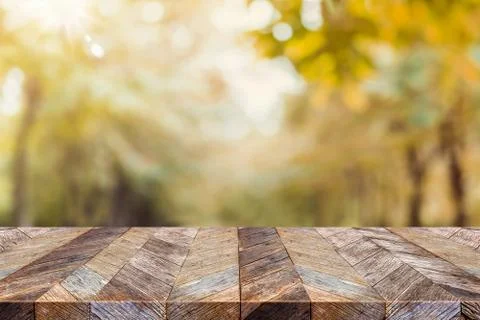 Empty old rustic wood plank table top with blur forest tree with sunlight,Aut Foto stock